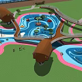 Colorful Children's Playground With Water Channels Wooden Pavilions Winding Walkways And Green Lawns