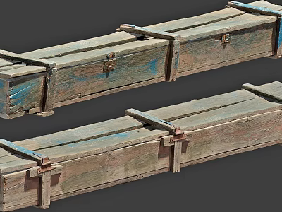 Worn Long Wooden Boxes With Blue Painted Surfaces And Metal Clasps Latches 3d model