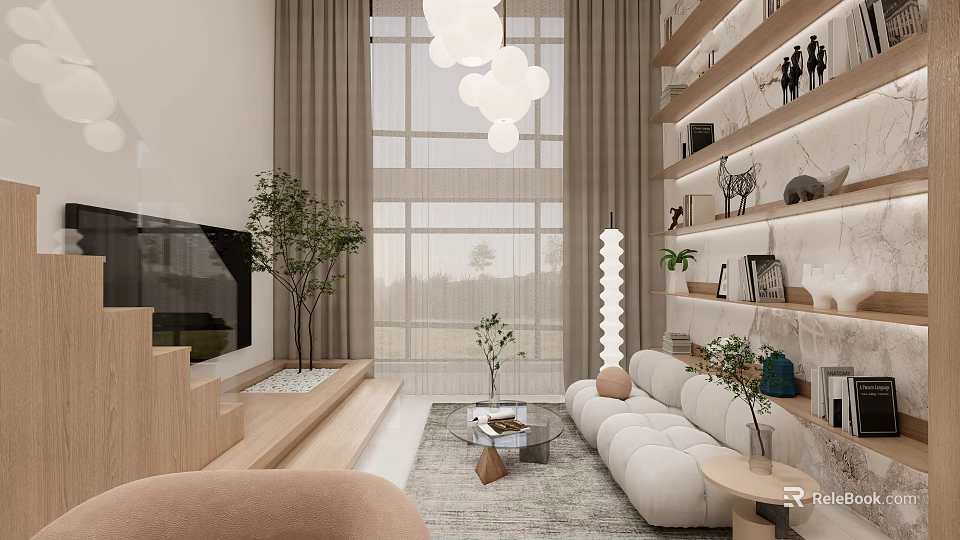 Modern Apartment Living Room Interior With Large Windows White Sofa Pendant Lights And Decorative Shelves 3d model 
