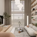 Modern Apartment Living Room Interior With Large Windows White Sofa Pendant Lights And Decorative Shelves