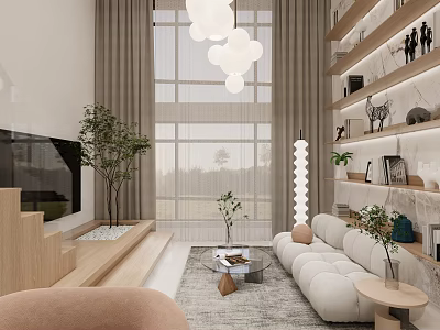 Modern Apartment Living Room Interior With Large Windows White Sofa Pendant Lights And Decorative Shelves 3d model
