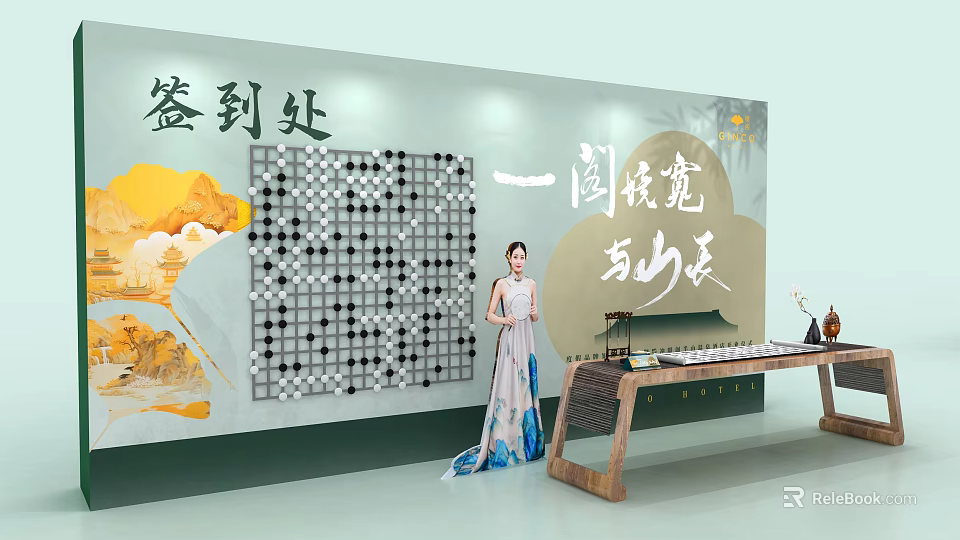 Check in Area with Chinese Landscape Wall Art Traditional Dress and Wooden Table 3d model 