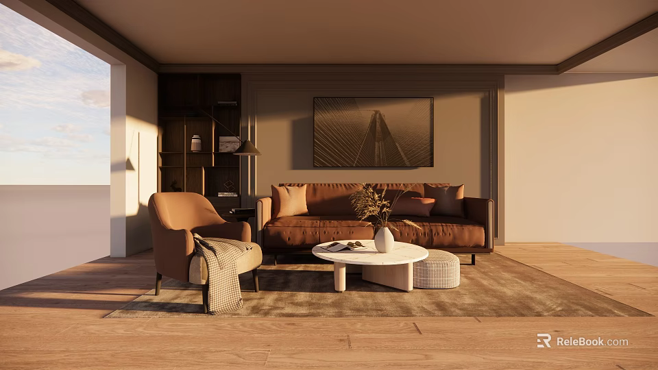 Stylish Brown Sofa and White Round Coffee Table Set With Armchair Rug and Sunlight 3d model 