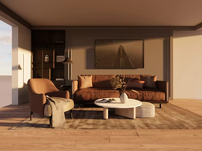 Stylish Brown Sofa and White Round Coffee Table Set With Armchair Rug and Sunlight 3d model