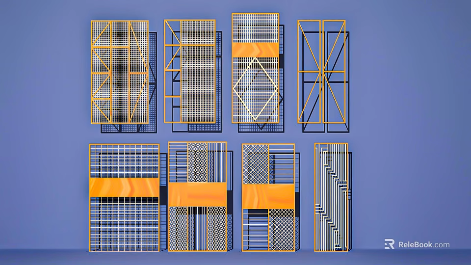 Modern Console Table And Side Cabinet Designs With Geometric Grid And Yellow Accents 3d model 