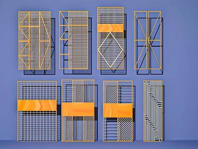 Modern Console Table And Side Cabinet Designs With Geometric Grid And Yellow Accents 3d model