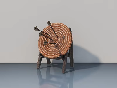 Circular Target With Wooden Stand And Three Arrows Hitting Bullseye On Light Wall Background 3d model