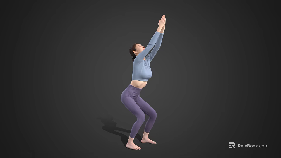 Woman Practicing Yoga Stretch With Raised Arms In Light Blue Top And Purple Leggings 3d model 