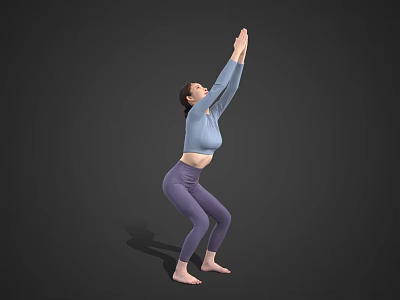 Woman Practicing Yoga Stretch With Raised Arms In Light Blue Top And Purple Leggings 3d model