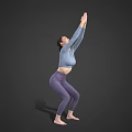 Woman Practicing Yoga Stretch With Raised Arms In Light Blue Top And Purple Leggings