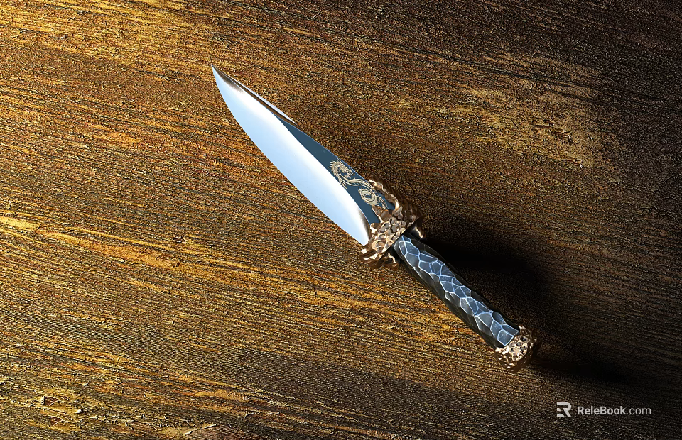 Ornate Sharp Blade Knife With Decorative Patterned Handle On Wooden Tabletop 3d model 