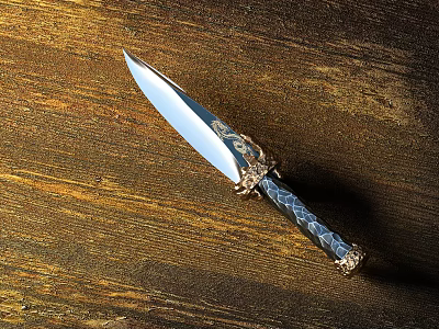 Ornate Sharp Blade Knife With Decorative Patterned Handle On Wooden Tabletop 3d model