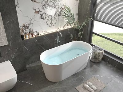 Luxurious Modern Bathroom Interior With Freestanding Bathtub Marble Wall Potted Plant And Natural Light 3d model