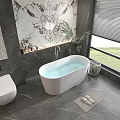 Luxurious Modern Bathroom Interior With Freestanding Bathtub Marble Wall Potted Plant And Natural Light
