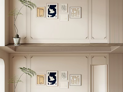 Elegant Beige Paneled Background Wall With Decorative Frames And Green Potted Plant 3d model