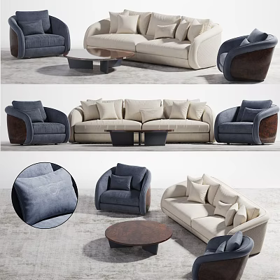 Modern Sofa And Coffee Table Set With Beige Navy Blue Cushions And Wooden Frame Accents 3d model