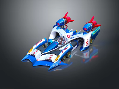 Blue and White Futuristic Racing Car With Red Thrusters And Aerodynamic Design 3d model