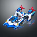 Blue and White Futuristic Racing Car With Red Thrusters And Aerodynamic Design