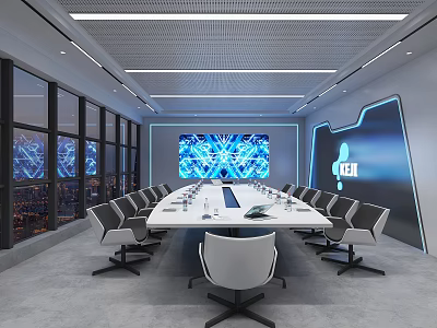 Modern Conference Room Interior Design With Long Table Chairs Large Screen And City Night View 3d model
