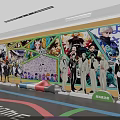 Open Interactive Zone With Anime Character Posters And Colorful Floor Design 3d model