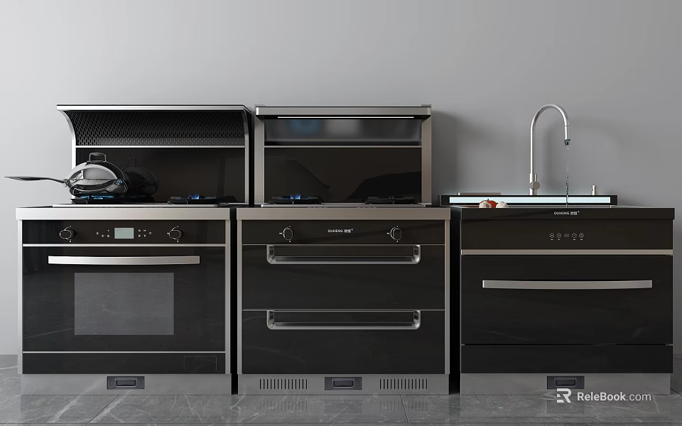 Modern Kitchen Featuring Black Oven Microwave Dishwasher Clean Countertop And Right Side Faucet 3d model 