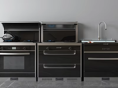 Modern Kitchen Featuring Black Oven Microwave Dishwasher Clean Countertop And Right Side Faucet 3d model