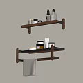 Bathroom Accessories with Wooden Wall-Mounted Shelves and Towel Bar Holding Toiletries like Bottles and Jars