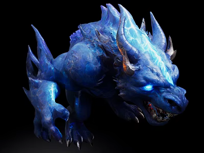 Ferocious Blue Spiked Game Movie Character With Glowing Eyes And Luminous Horns 3d model
