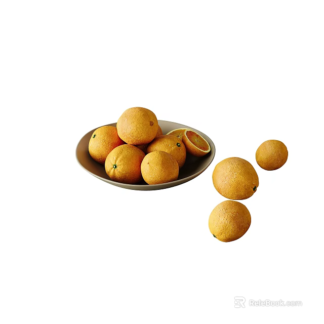Ceramic Dish Featuring Fresh Oranges Some Sliced and Scattered Nearby 3d model 