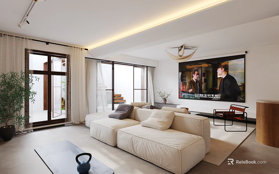 Modern Living Dining Room Interior With Large Windows White Sofa Rug And TV Wall 3d model 