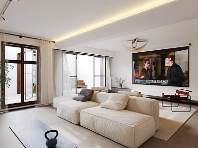 Modern Living Dining Room Interior With Large Windows White Sofa Rug And TV Wall 3d model
