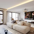 Modern Living Dining Room Interior With Large Windows White Sofa Rug And TV Wall