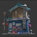 Cartoon Scene Featuring Japanese Style Shop Turquoise Roof Red Lanterns Street Lamp And Vending Machine