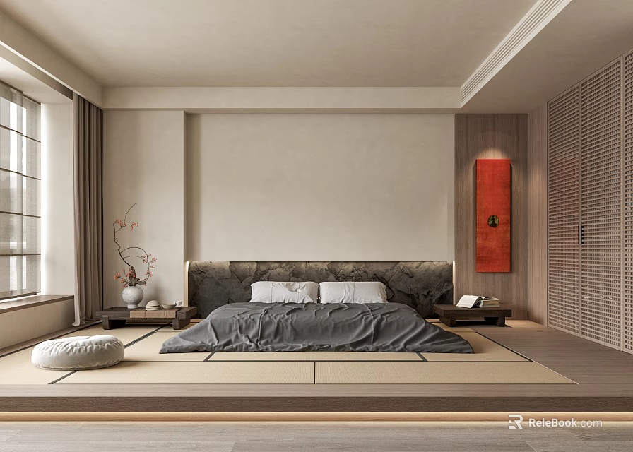 Minimalist Bedroom Interior Design With Tatami Platform Bed And Red Decorative Wall Art 3d model 