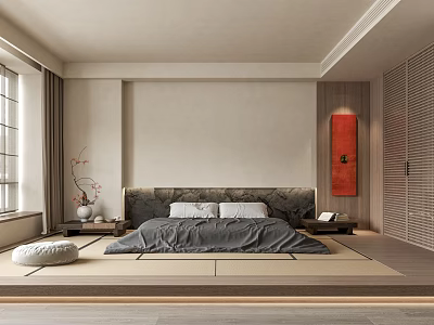 Minimalist Bedroom Interior Design With Tatami Platform Bed And Red Decorative Wall Art 3d model