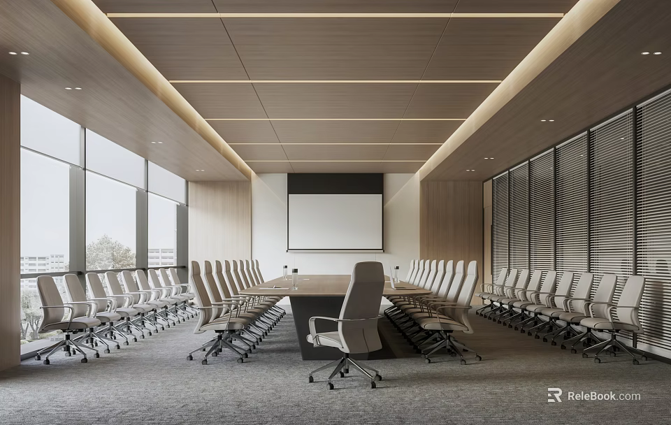 Modern Conference Room Design With Long Table Ergonomic Chairs Projection Screen And Large Windows 3d model 