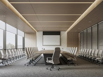 Modern Conference Room Design With Long Table Ergonomic Chairs Projection Screen And Large Windows 3d model