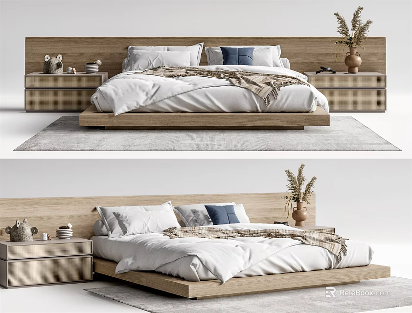 Modern Wooden Double Bed With Headboard White Quilt Pillows And Nightstand Decorations 3d model 