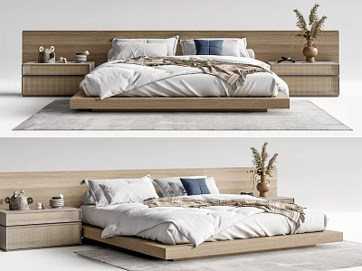Modern Wooden Double Bed With Headboard White Quilt Pillows And Nightstand Decorations 3d model