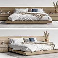 Modern Wooden Double Bed With Headboard White Quilt Pillows And Nightstand Decorations