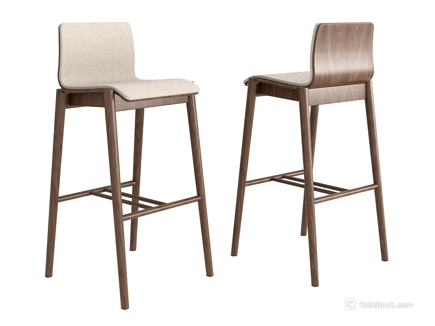 Two Modern Wooden Bar Stools With Fabric Seat And High Back Design 3d model 