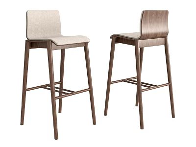 Two Modern Wooden Bar Stools With Fabric Seat And High Back Design 3d model