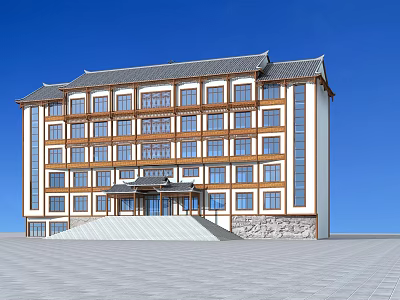Traditional Style Multi Story Office Building With Windows Stone Wall Base And Front Steps 3d model