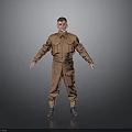 Male Model In Brown Work Overalls Standing With Arms Outstretched On Gray Background