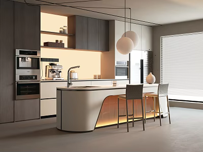 Modern Restaurant Kitchen Open Concept With Gray Cabinets White Curved Island Appliances And Pendant Lights 3d model