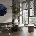 Modern Single Sofa In Living Room With Round Blue Painting Green Plant And Wooden Floor
