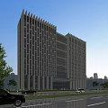 Sleek Modern Office Building With Vertical Columns Glass Curtain Walls And Urban Background