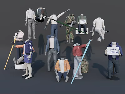 Mannequins In Various Poses Wearing Different Outfits With Accessories And Props 3d model