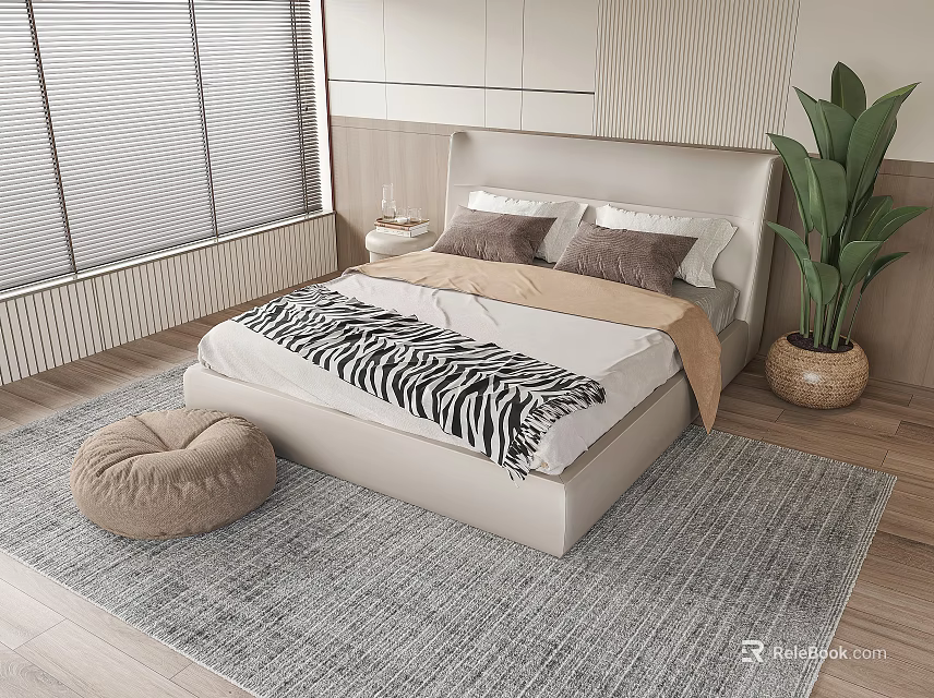 Modern Bedroom With Double Bed Zebra Print Blanket Pillows Gray Rug And Green Plant 3d model 