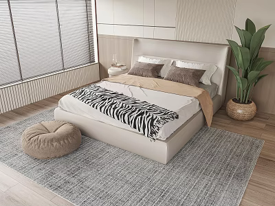 Modern Bedroom With Double Bed Zebra Print Blanket Pillows Gray Rug And Green Plant 3d model